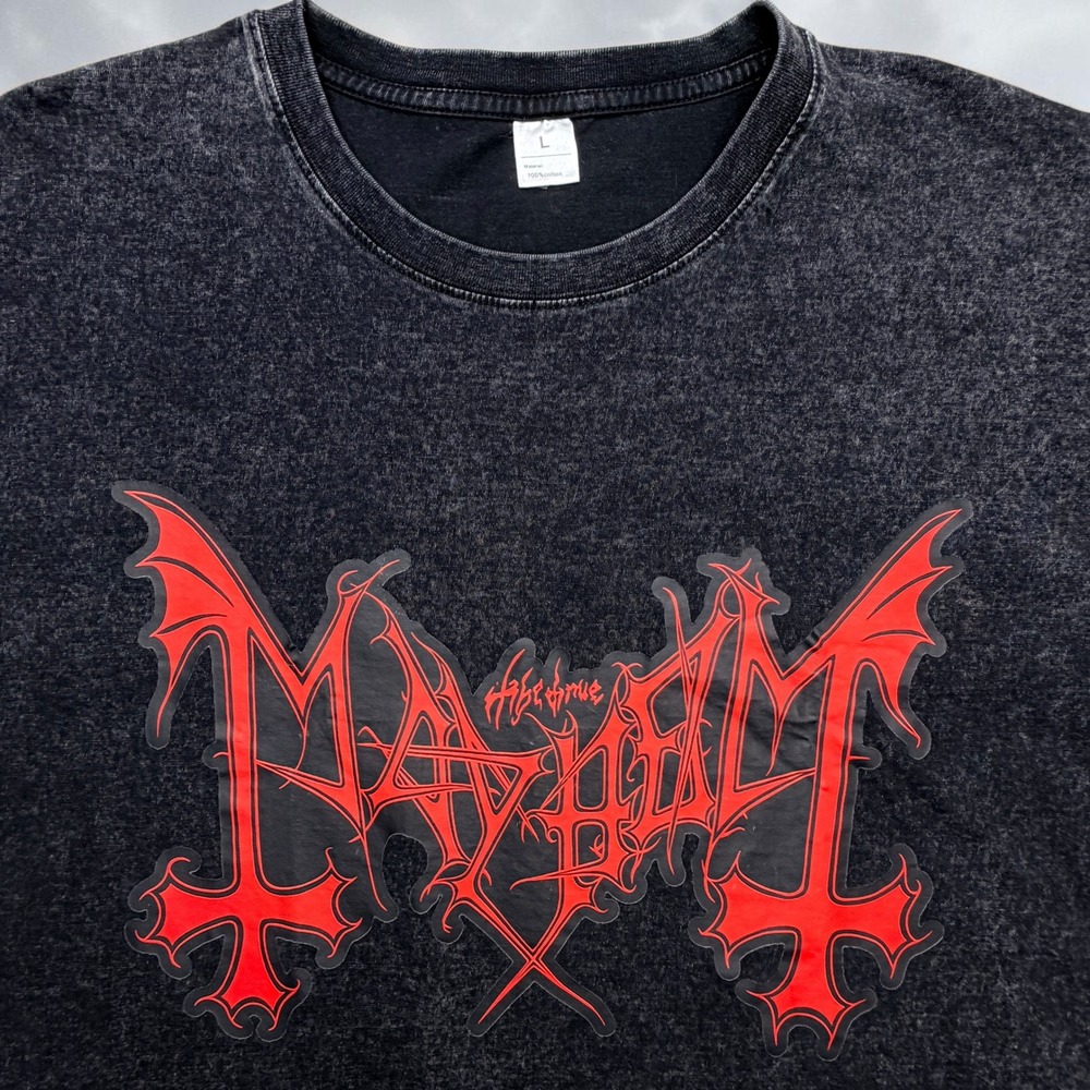 Mayhem Norwegian Black Metal Vtg Tee Shirt Size L Black Acid Wash w/ Red Logo